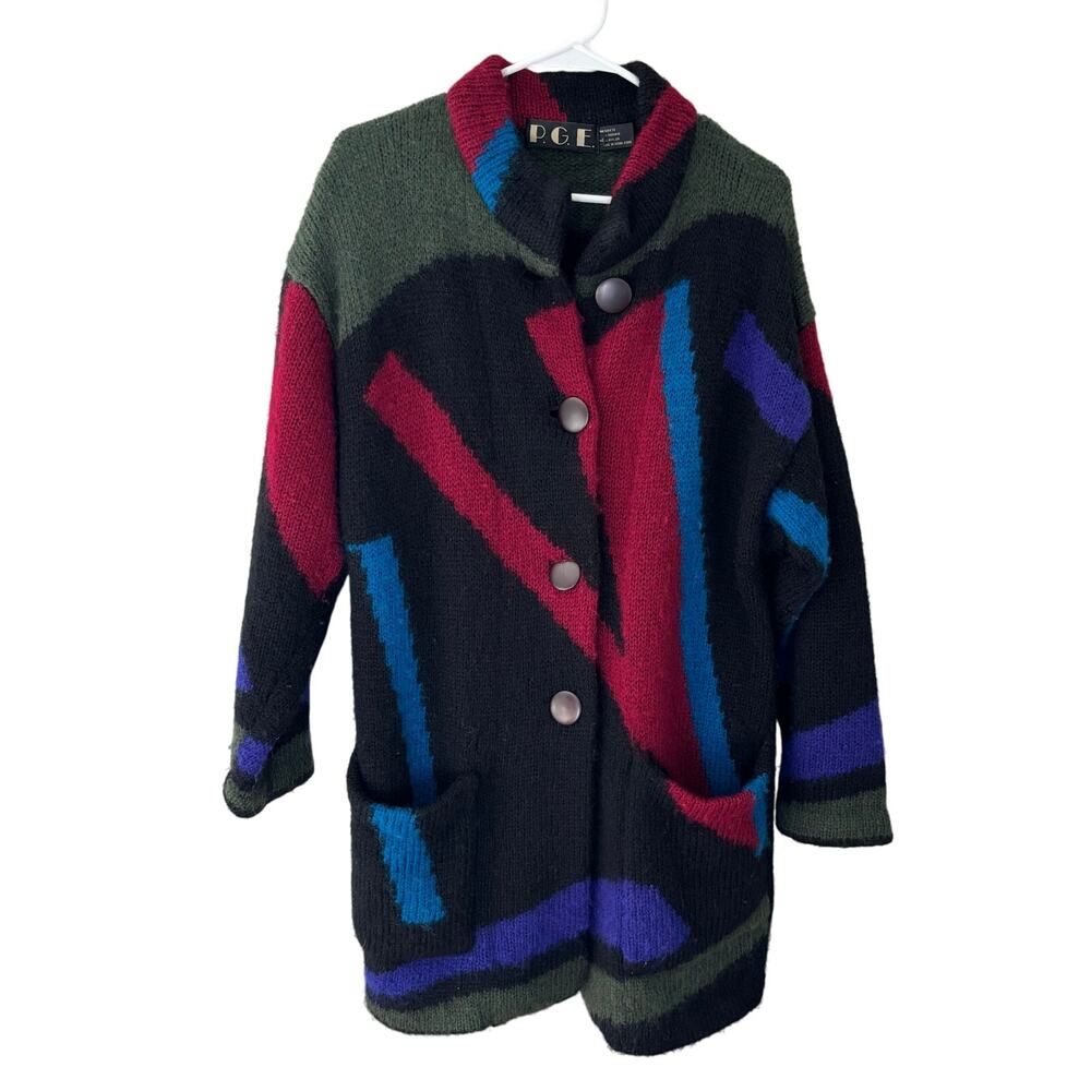 Vintage P.G.E. Mohair Sweater Cardigan Coatigan Artsy Geometric Size Large